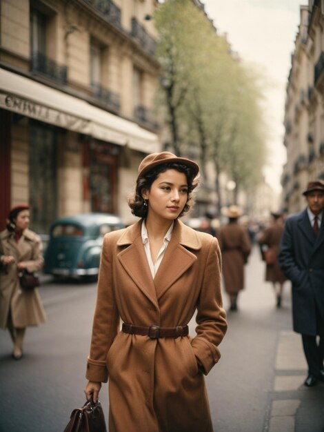 Una mujer elegante caminando por la calle con un abrigo de trineo de moda