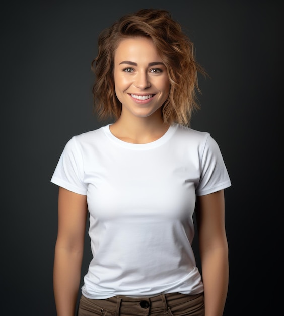 Una mujer elegante con una camisa blanca nítida y pantalones marrones de moda hace una pose