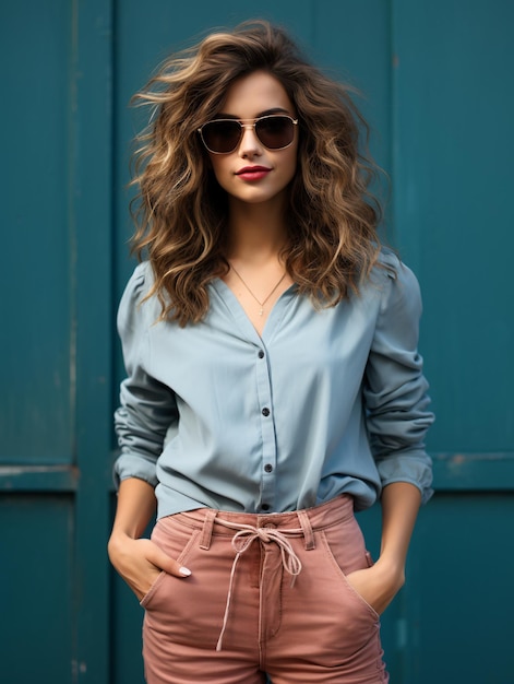 Foto mujer elegante con camisa de denim y pantalones rosados contra un fondo azul ia generativa