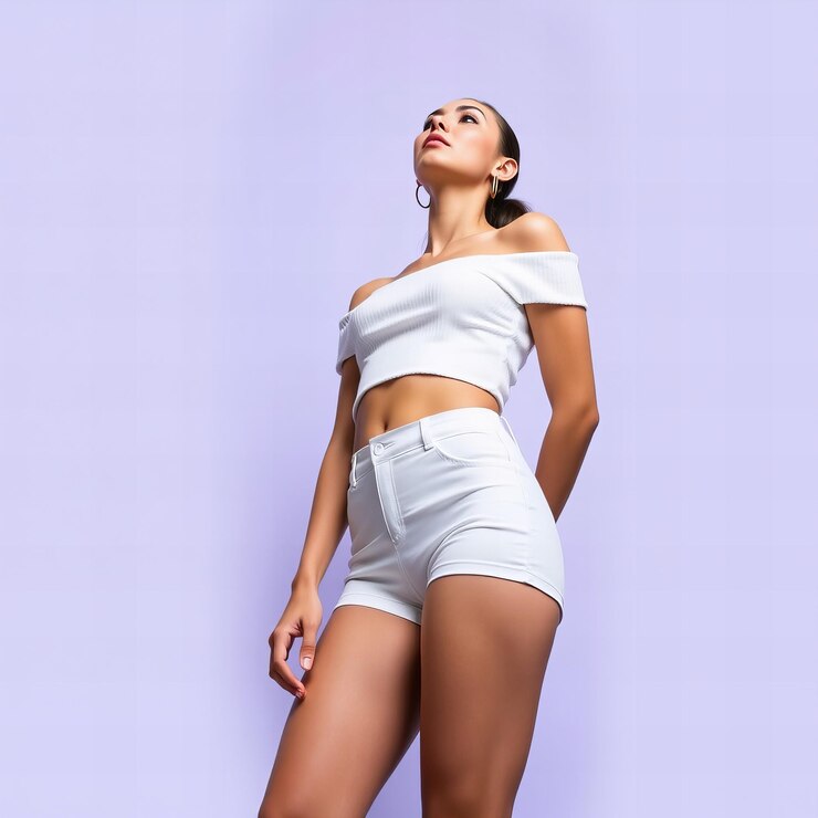 Mujer elegante con camiseta cortada y pantalones cortos vista baja belleza de moda confianza