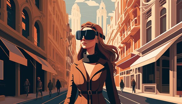 Una mujer elegante con casco de realidad virtual recorre una ciudad virtual