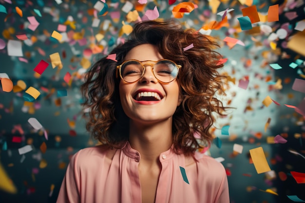 Mujer elegante celebrando un evento con confeti cayendo en el fondo