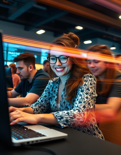 Mujer elegante codificando en un hackathon con otros desarrolladores