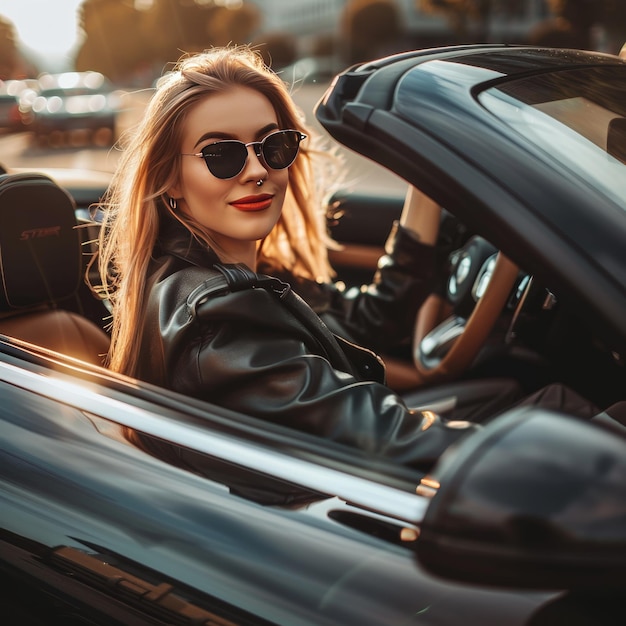 Foto mujer elegante en descapotable en un día soleado