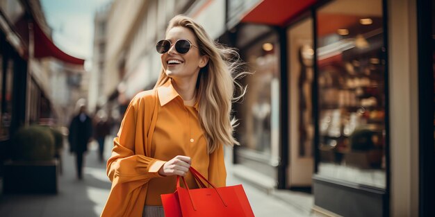 Mujer elegante disfrutando de compras en la ciudad, moda informal, ropa de moda y gafas de sol AI