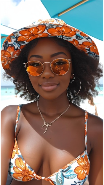 Mujer elegante disfrutando de un día soleado en la playa con un moderno traje de verano