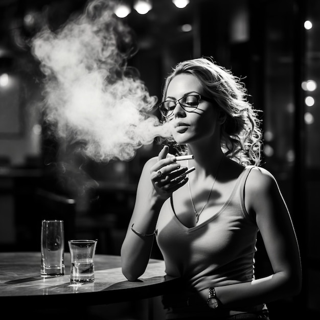 Mujer elegante fumando y bebiendo en el bar