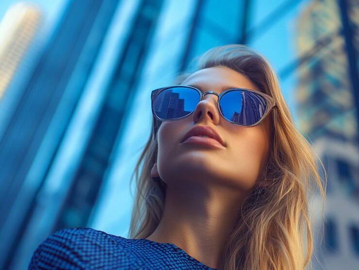 Mujer elegante con gafas de sol de moda Fotografía de productos de alta gama