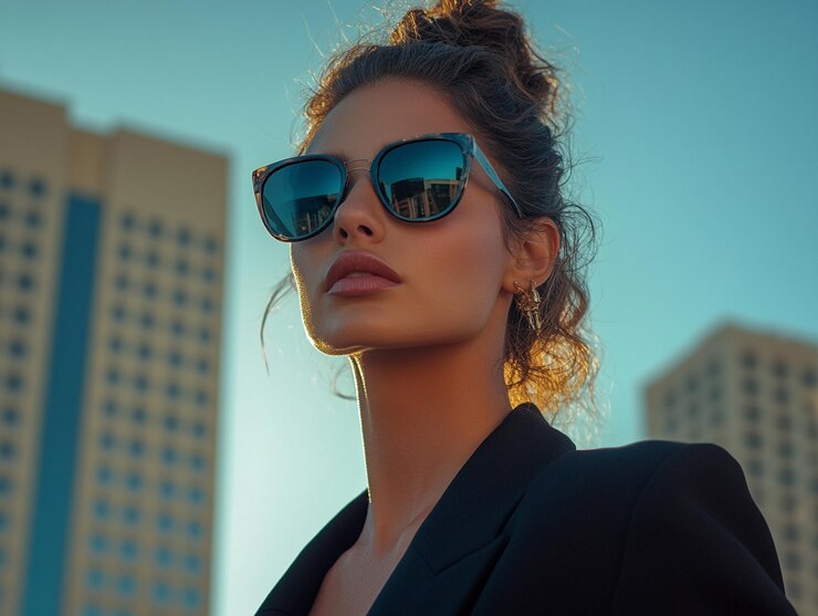 Mujer elegante con gafas de sol de moda Fotografía de productos de alta gama