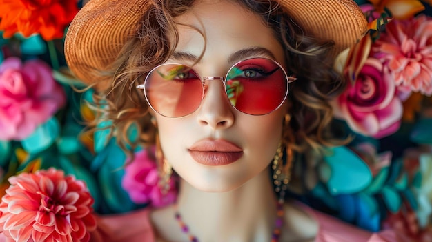 Mujer elegante con gafas de sol y sombrero con flores de colores en el fondo posando para una moda