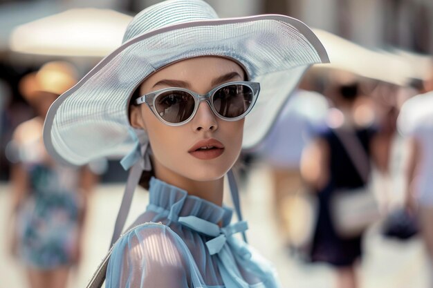 Mujer elegante con gafas de sol y sombrero de sol con IA generada