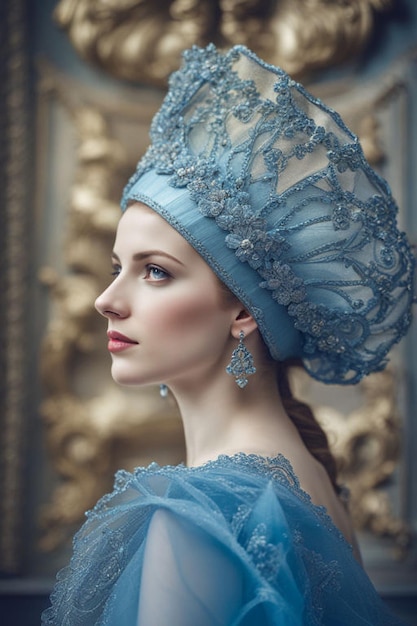 Una mujer elegante con gorra holandesa y vestido azul.