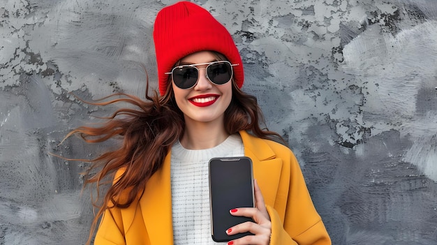 Mujer elegante con gorro rojo y abrigo amarillo sosteniendo un teléfono inteligente Retrato de moda urbana con fondo de textura gris Vestido casual de moda IA