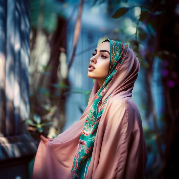 Mujer elegante con hijab posando al aire libre