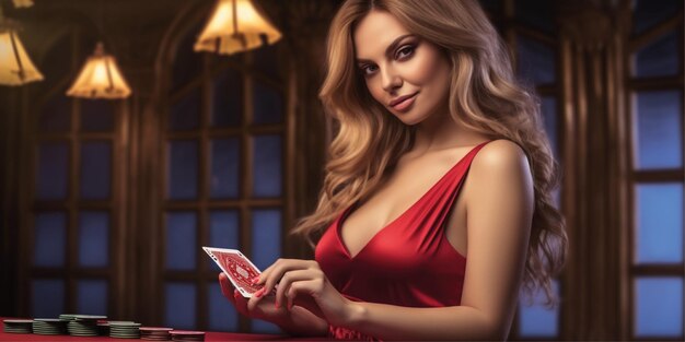 mujer elegante con ilustraciones de juegos de casino