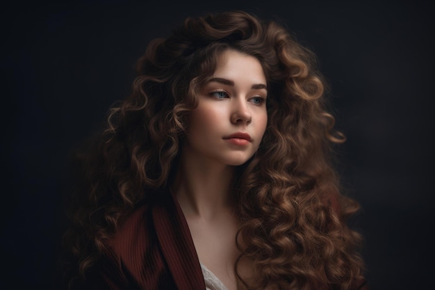 Mujer elegante y majestuosa con cabello largo y rizado y postura elegante