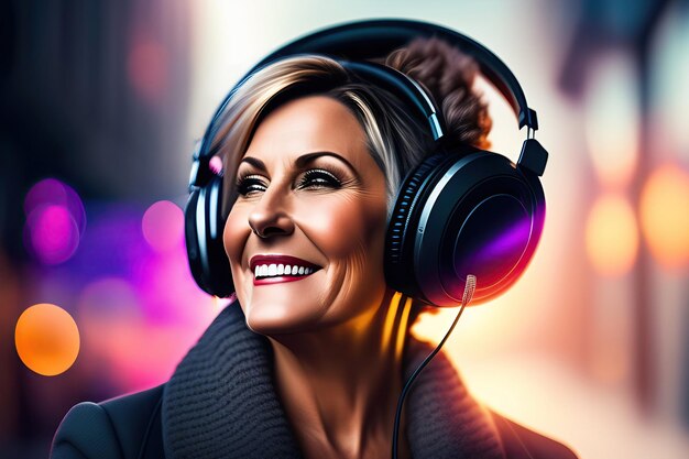 Mujer elegante de mediana edad disfrutando de la música escuchando música en grandes auriculares con espacio para copiar