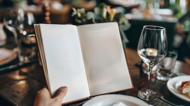 Foto mujer elegante con menú abierto en un restaurante de lujo