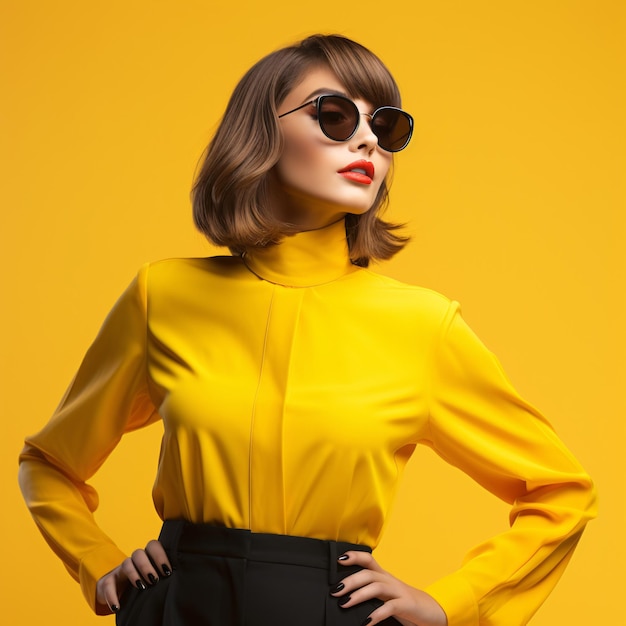 Mujer elegante con moda amarilla contra un fondo brillante IA generativa