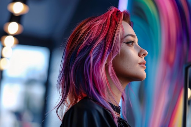 Una mujer elegante muestra su brillante cabello multicolor después de una visita al salón