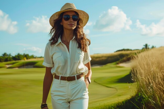 Mujer elegante paseando por un exuberante campo de golf con una bolsa de palos para el juego de verano