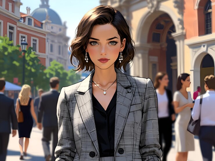 mujer elegante de pie en una bulliciosa plaza de la ciudad europea