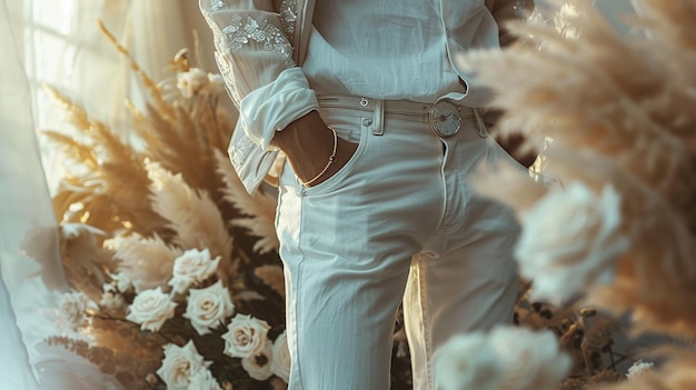 Mujer elegante de pie entre las flores