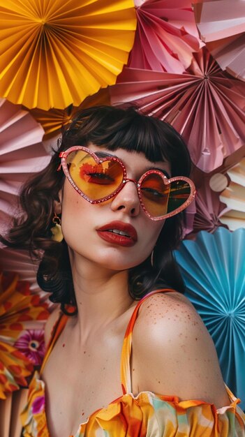 Una mujer elegante posa con un peinado retro y gafas de sol en forma de corazón