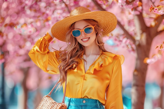 Foto mujer elegante posando cerca de árboles de flores de primavera rosadas con bolsa de mimbre