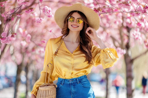 Mujer elegante posando cerca de árboles de flores rosadas con bolsa de mimbre