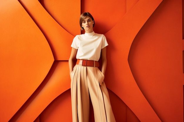 Mujer elegante posando para una foto sobre un fondo geométrico naranja AI generativa