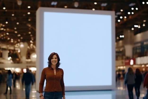 Mujer elegante posando frente a una gran maqueta blanca en blanco de IA generativa