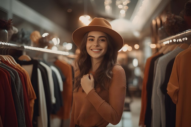 Una mujer elegante posando frente a un perchero