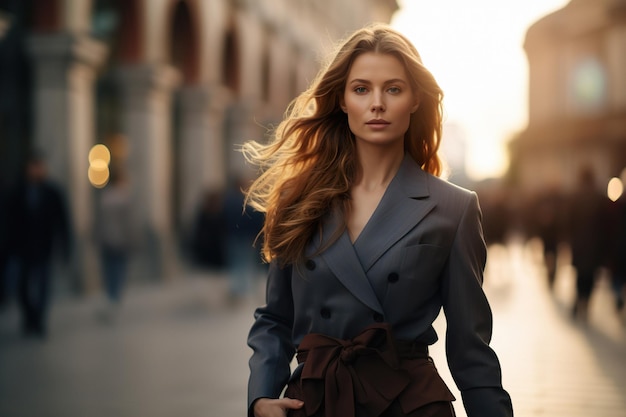 Una mujer elegante con ropa informal camina por la calle de la ciudad en un día soleado