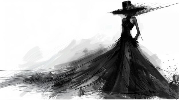 Mujer elegante con sombrero de bordes anchos y vestido negro fluido