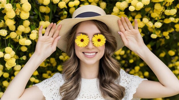 Foto mujer elegante con sombrero envía un beso de aire cubre los ojos con astros amarillos estado de ánimo de primavera emociones felices aisladas