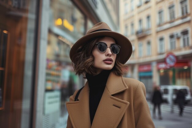 Mujer elegante con sombrero y gafas de sol caminando por la ciudad