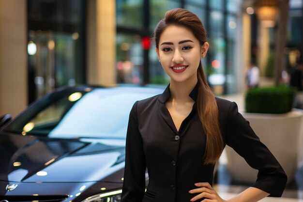 Mujer elegante sonriente con portapapeles trabajando en la sala de exposición de automóviles sonriendo amablemente a la cámara