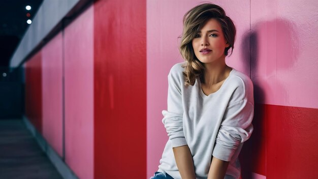 Mujer elegante con un suéter blanco casual en una pared roja rosada