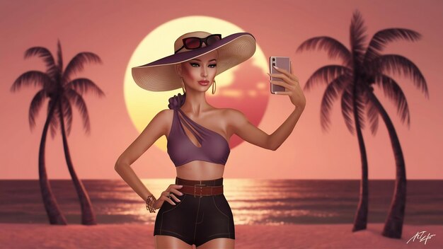 Una mujer elegante tomando una selfie en la playa.