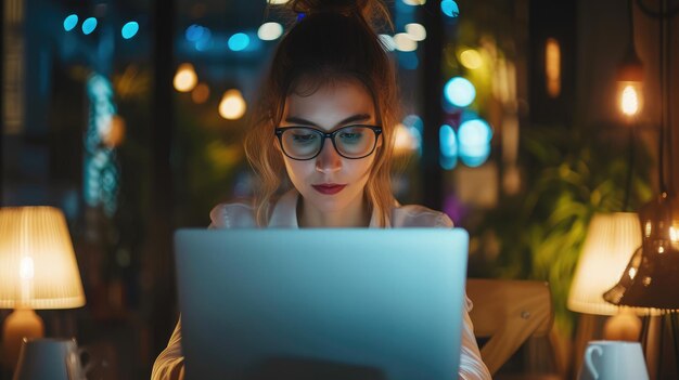 Foto mujer elegante trabajando en una computadora portátil en una oficina de la compañía por la noche joven gerente navegando por internet comprando en línea y leyendo publicaciones de redes sociales de amigos y colegas