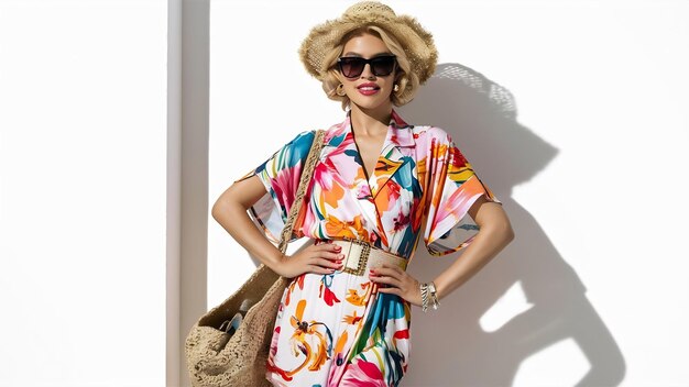 Mujer elegante en traje de verano aislada posando en la tendencia de la moda aislada