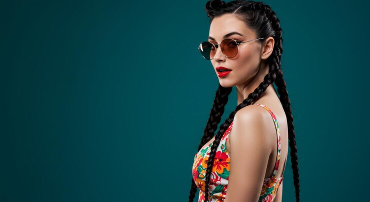 Mujer elegante con trenzas y gafas de sol