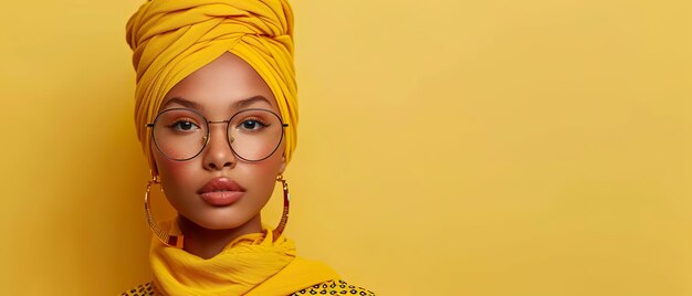 Mujer elegante con turbante amarillo y gafas.