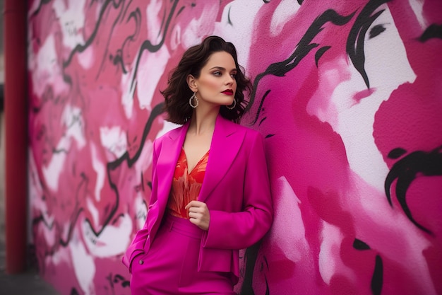 Foto mujer elegante vestida de moda en colores viva magenta de moda con ai generativo de graffiti rosa callejero