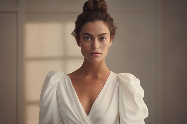 Foto mujer elegante con vestido blanco