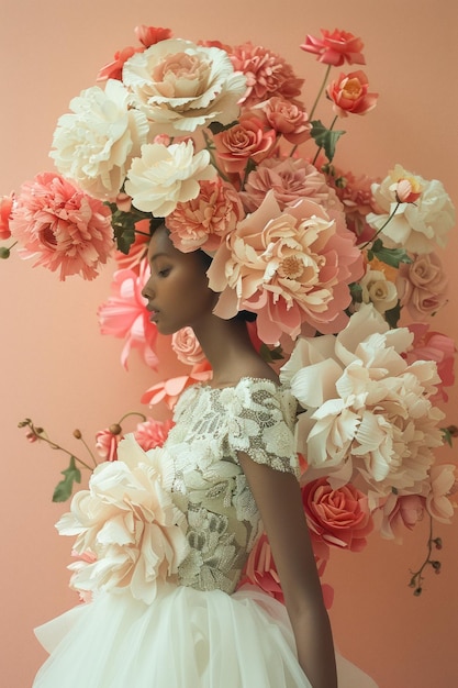 Mujer elegante en vestido floral con grandes flores tocado en fondo pastel para la moda de primavera