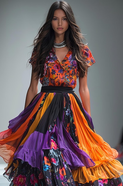 Una mujer elegante con un vestido de moda vibrante posando con confianza