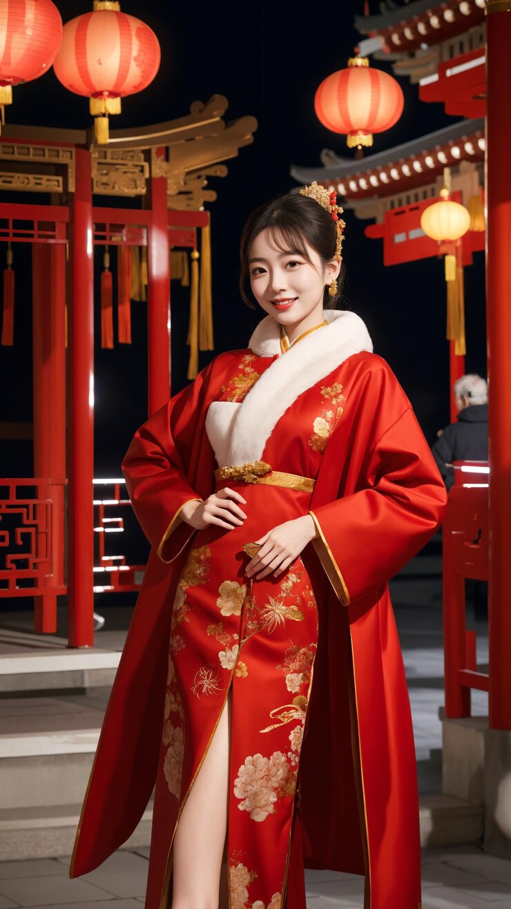 Mujer elegante con vestido rojo chino