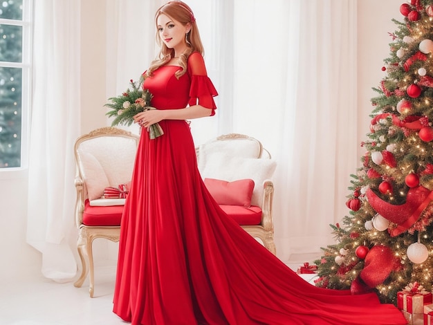 Mujer con un elegante vestido rojo sobre el interior de Navidad